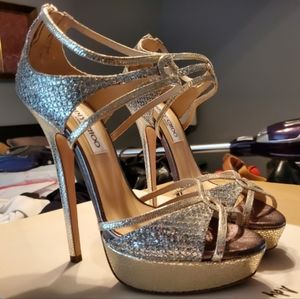 JIMMY CHOO 'Sierra' Champagne Glitter Fabric Open-Toed Stiletto Sandals